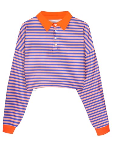 Natalie Winters Dress - Remidoo Women's Collared Half Button Long Sleeve Striped Crop Top Sweatshirt