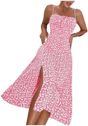 Sundresses - Floerns Women's Summer Split Thigh Spaghetti Strap Cami Midi Floral Dress