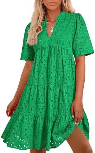 Easter Dress Women - BTFBM Womens Boho Summer Dresses 2025 Resort V Neck Short Sleeve Hollow Out Lace Ruffle Casual Beach Mini Vacation Dress