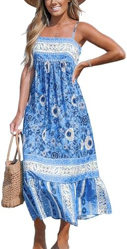 Sundresses - CUPSHE Women's Maxi Dress Ditsy Floral Smocked Summer Sundress Sleeveless Ruffled Spaghetti Straps Long Beach Formal Dress