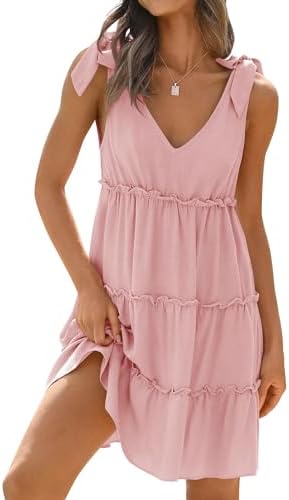 Sundresses - ZESICA Womens Summer Casual V Neck Sleeveless Mini Dress Tie Shoulder Tiered Ruffle Swing A Line Short Sundresses