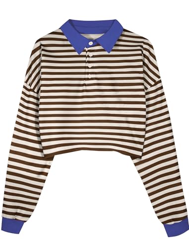Natalie Winters Dress - Remidoo Women's Collared Half Button Long Sleeve Striped Crop Top Sweatshirt