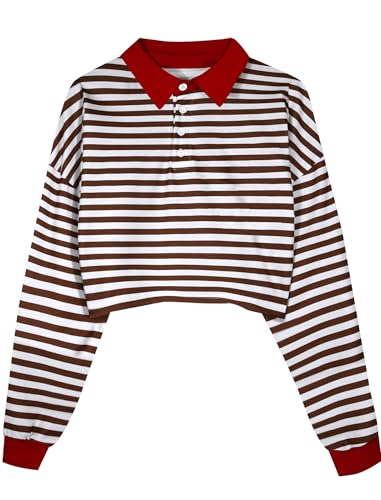 Natalie Winters Dress - Remidoo Women's Collared Half Button Long Sleeve Striped Crop Top Sweatshirt