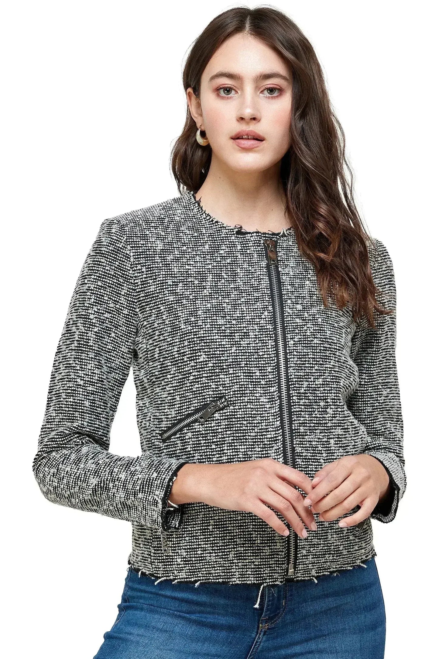 Boucle Tweed Biker Jacket - Textured Zip-Up Jacket for Women | Femstylo