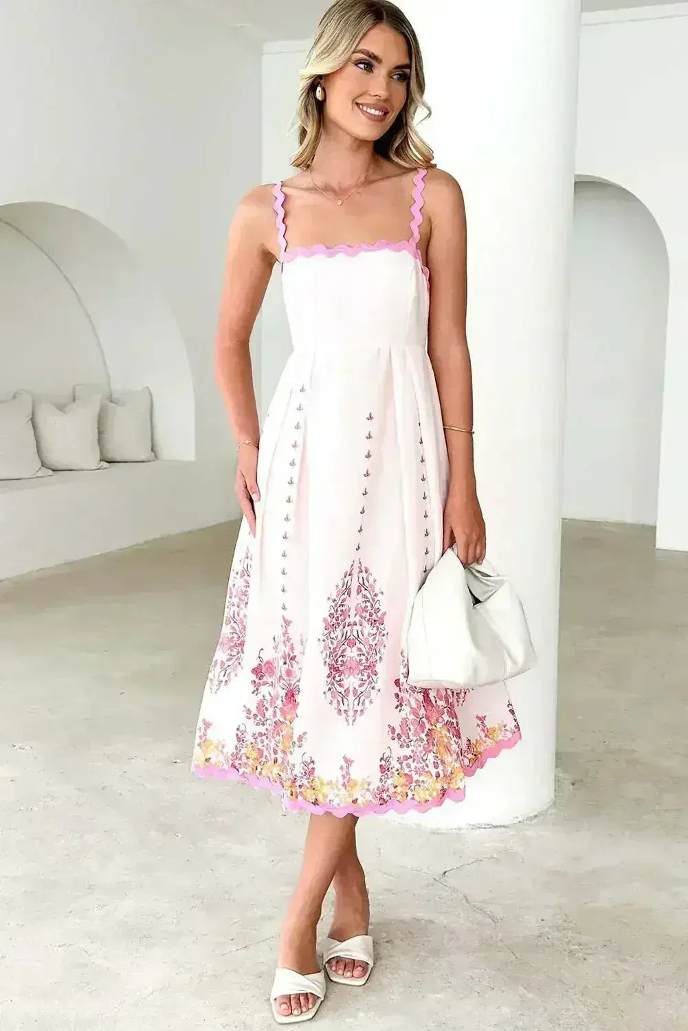 Pink Floral Ric Rac Spaghetti Strap Backless Dress