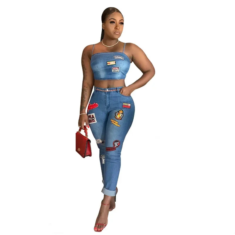 Summer Jeans Outfits 2024 Women Clothes Sets 2 Piece Birthday Party Club Sexy Crop Top and Pants Denim Two Piece Mathcing Set