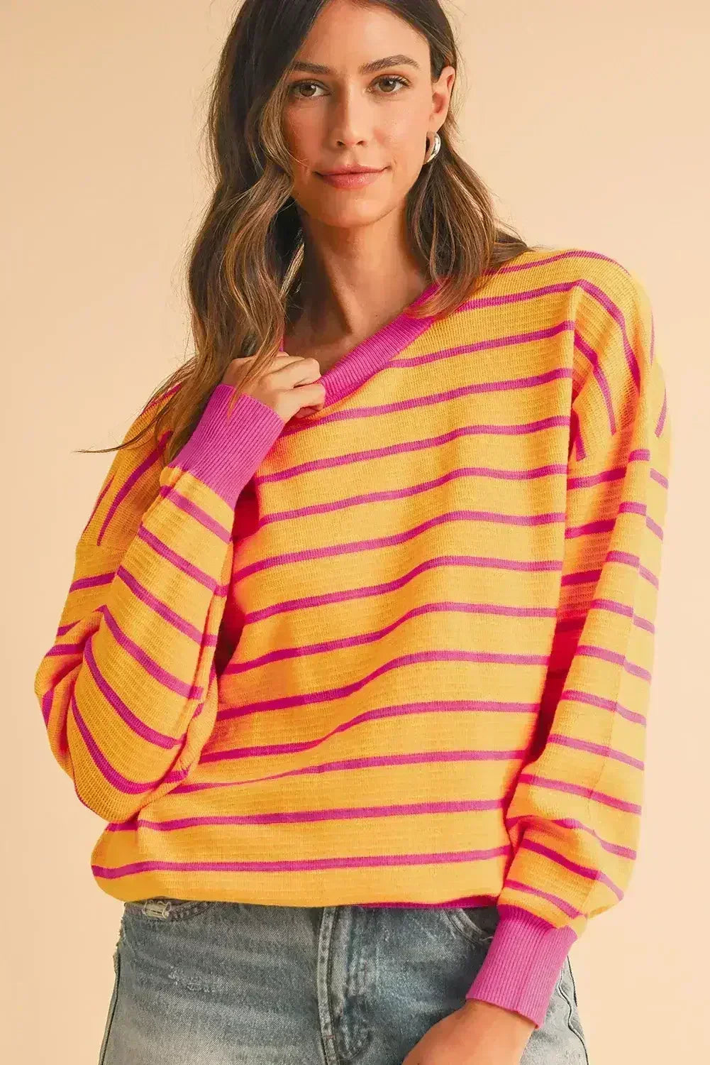 Pink Stripe Round Neck Drop Shoulder Loose Sweater