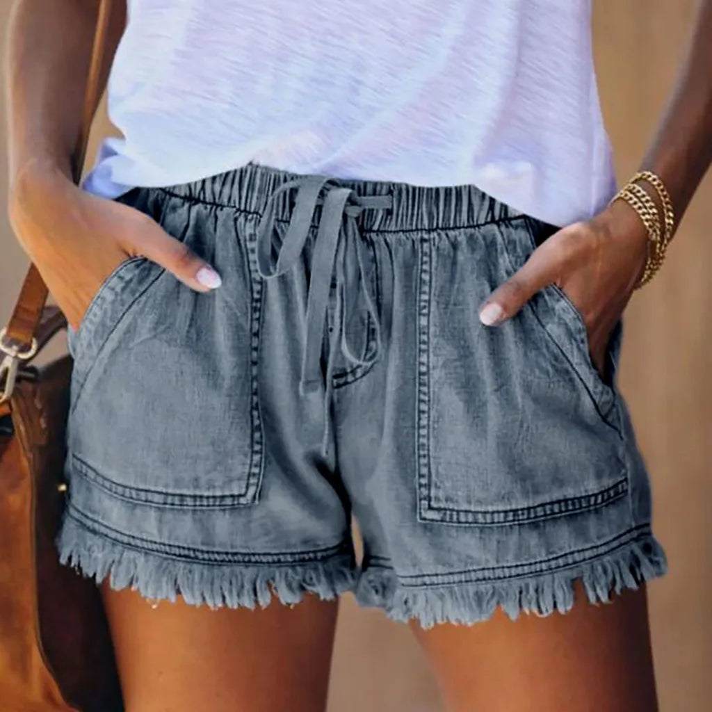 Jean Shorts for Women's Drawstring Elastic Waisted Casual Denim Shorts with Pocket Tassel Hem Soft Summer Trendy Jeans