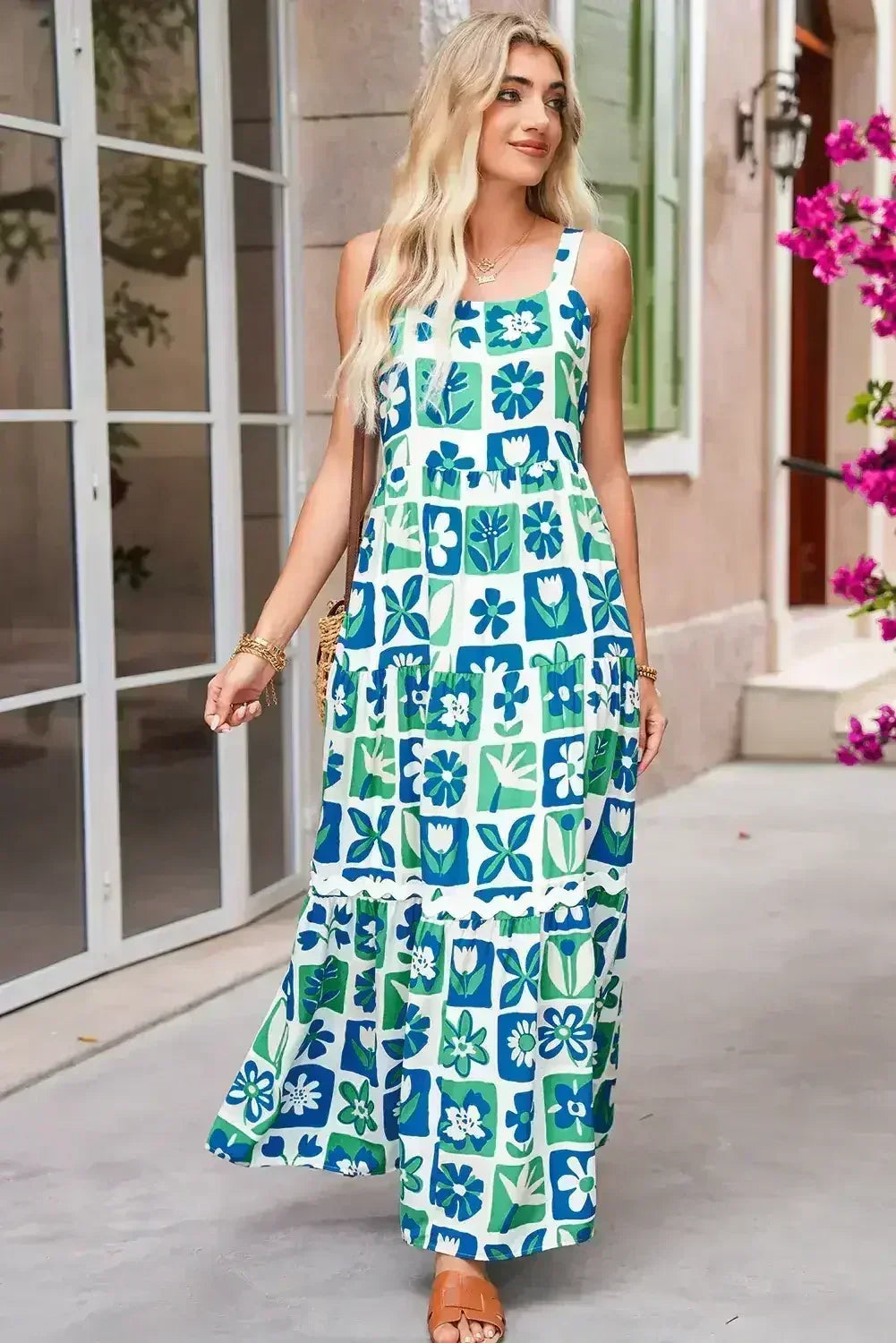 Multicolour Boho Floral Checkered Maxi Dress