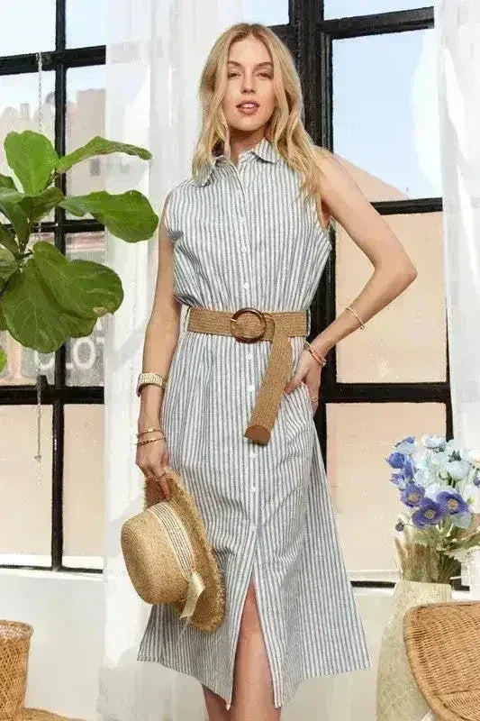 ADORA Striped Button Down Dress – Cotton Midi Sleeveless