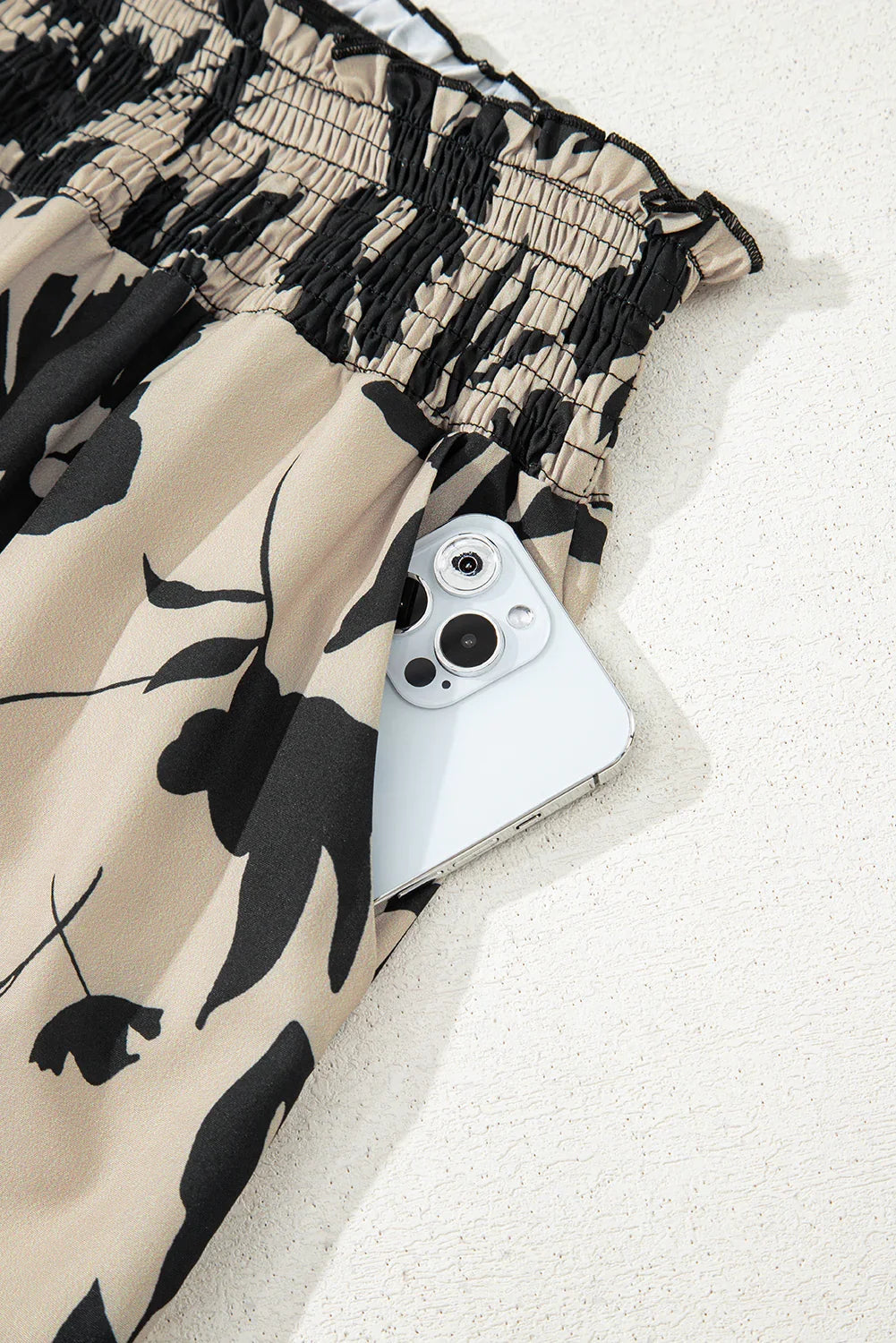 Blue Floral Smocked Frill Waist Wide Leg Pants