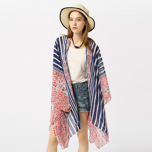 Beach Cover Up Chiffon Striped Positioning Beach Sun Protection Cardigan Vacation Clothes