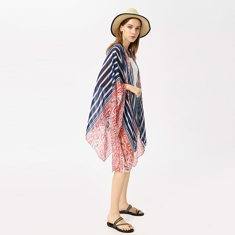Beach Cover Up Chiffon Striped Positioning Beach Sun Protection Cardigan Vacation Clothes