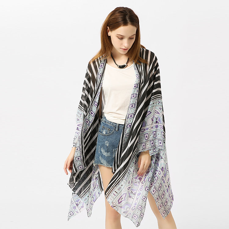 Beach Cover Up Chiffon Striped Positioning Beach Sun Protection Cardigan Vacation Clothes
