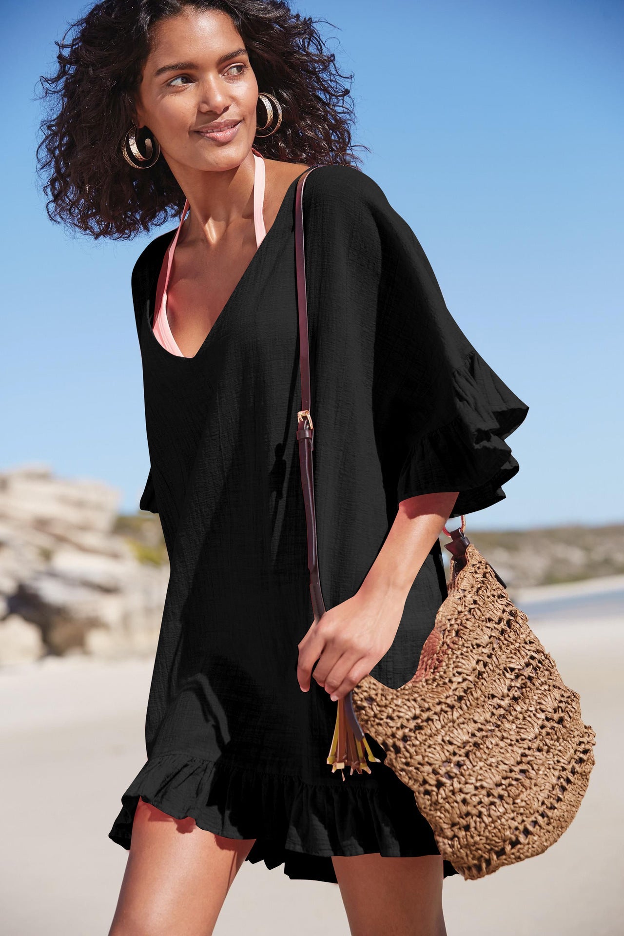 Slub Cotton V Neck Bikini Cover Up Beach Cover Up Vacation Swimsuit outside Overclothes Women Sun Protection