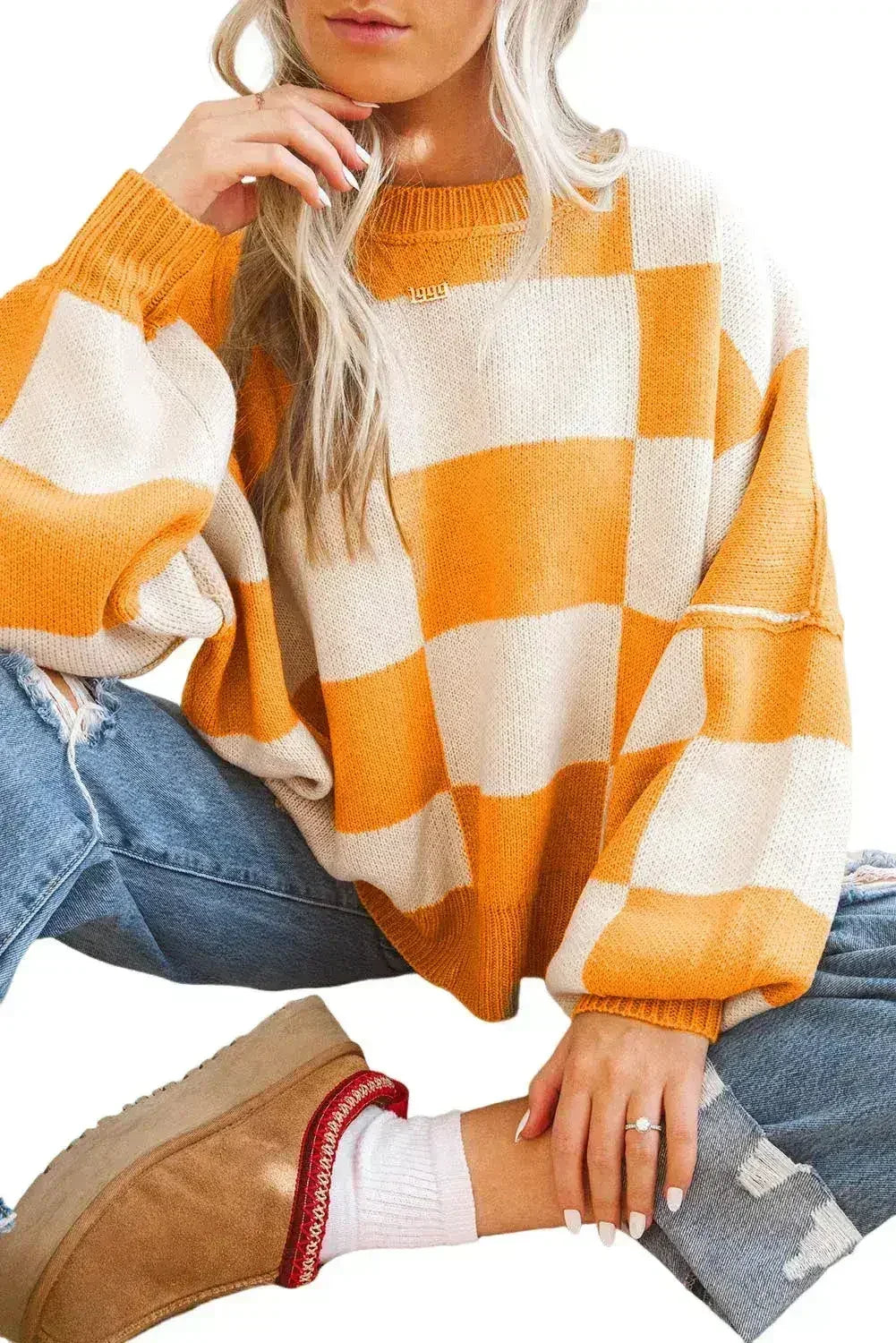 Orange Checkered Bishop Sleeve Sweater - Femstylo
