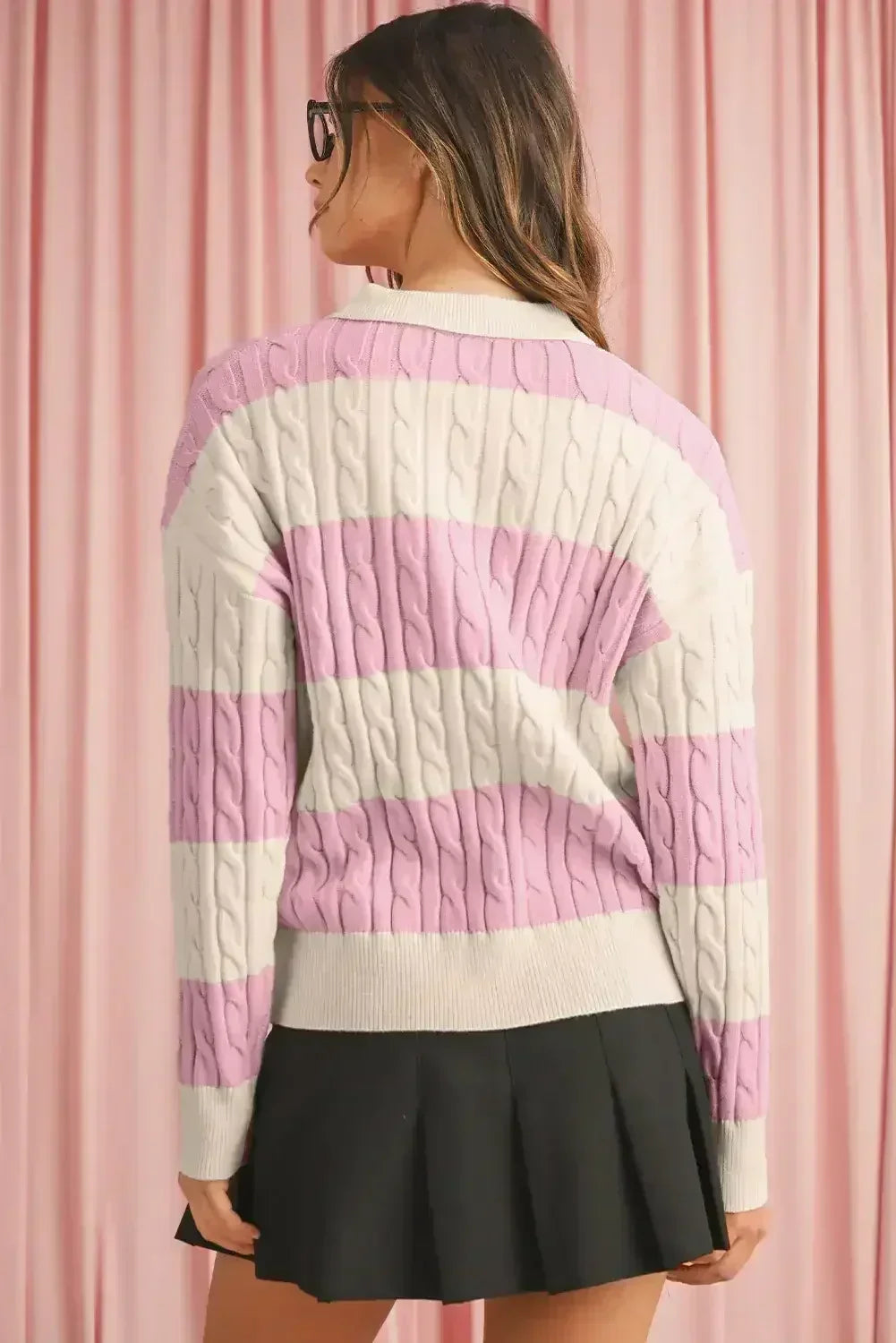 Pink Colorblock Button Collar Twisted Cable Knit Sweater