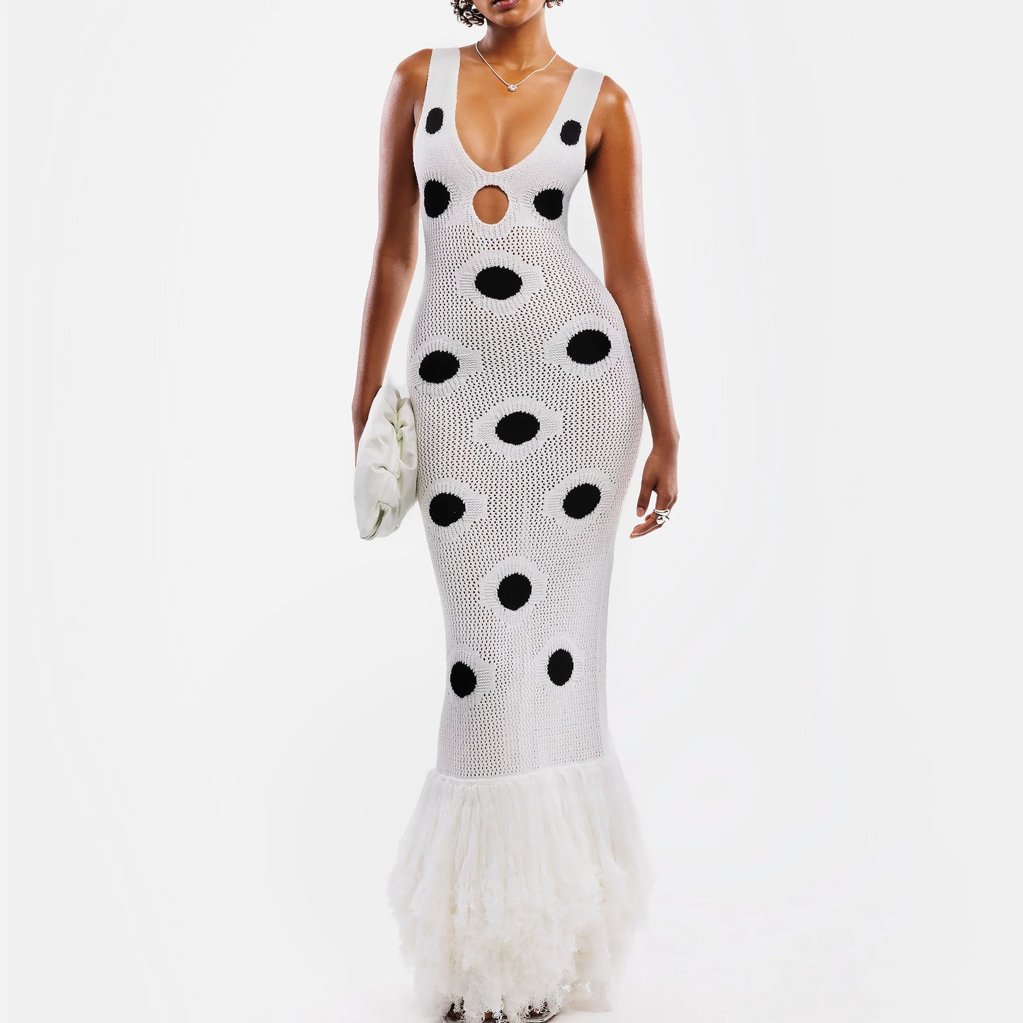 Women Sexy See Through Knitted Maxi Dress Hollow Out Deep Neck Pot Robes Tassel Hem Fork Party Vestidos 2025 New Lady Club Dress