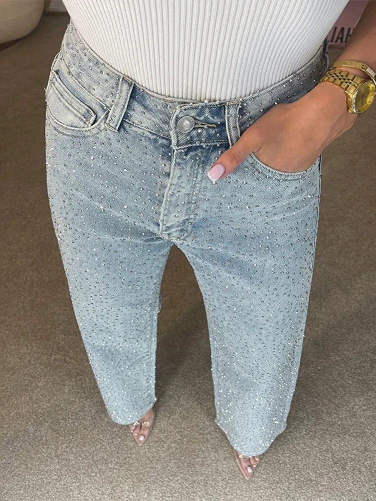 Y2k Women Shiny Rhinestone Denim Pants Wide Leg Straight Full Diamond Jeans for Female Dragging High Street Outwear Trousers
