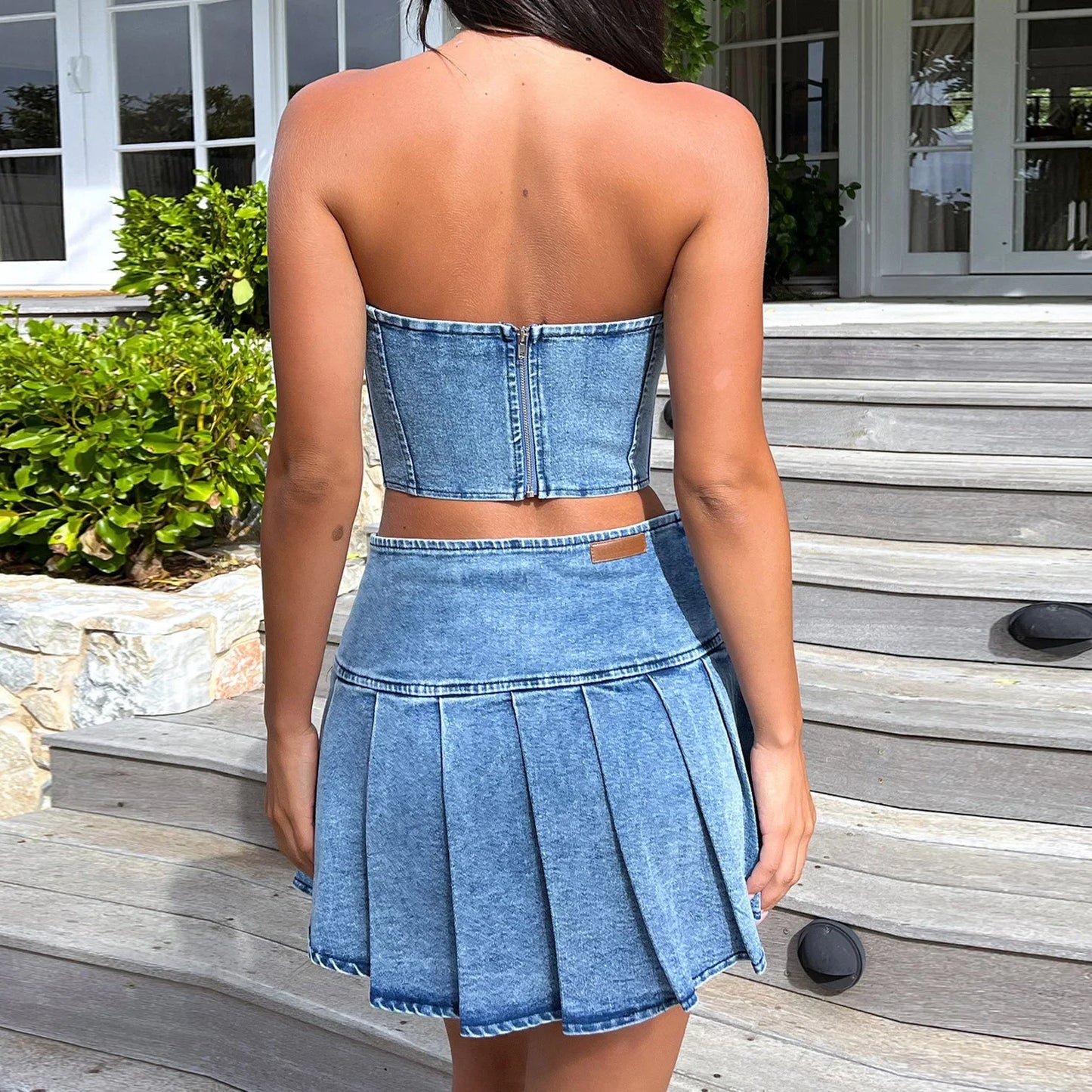 Denim Dress Sets Strapless Pullover Tops Solid Pleated Mini Skirts Spliced High Waist Skirt Matching Sets Streetwear Autumn