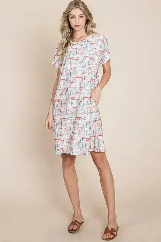 BOMBOM Printed Tee Dress - Casual Short Sleeve | Femstylo