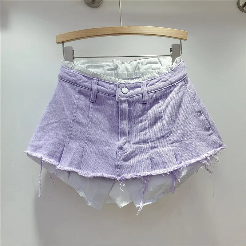 WTHT New Fashion Women's Irregular Fake Two-piece A-line Mini Denim Skirts 2024 Autumn Trendy High Waist Skirt Female 1LS099