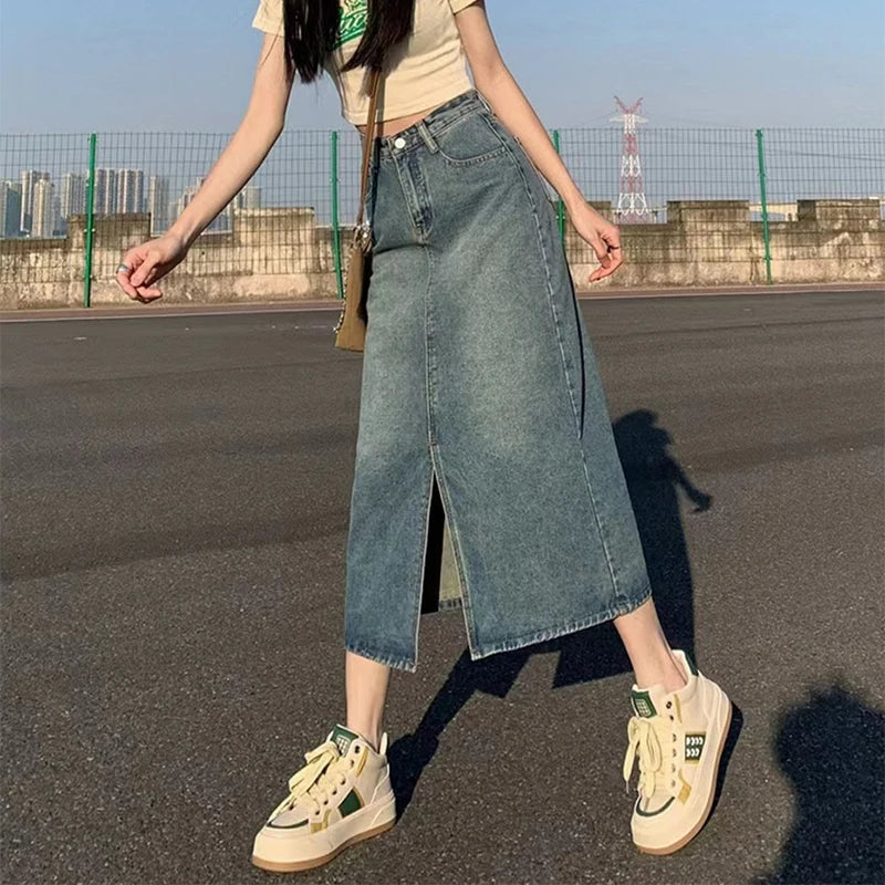 Summer New High-waist Slit Denim Skirt For Women Washed Retro A- line Skirt Hip-covering Straight Long Skirt
