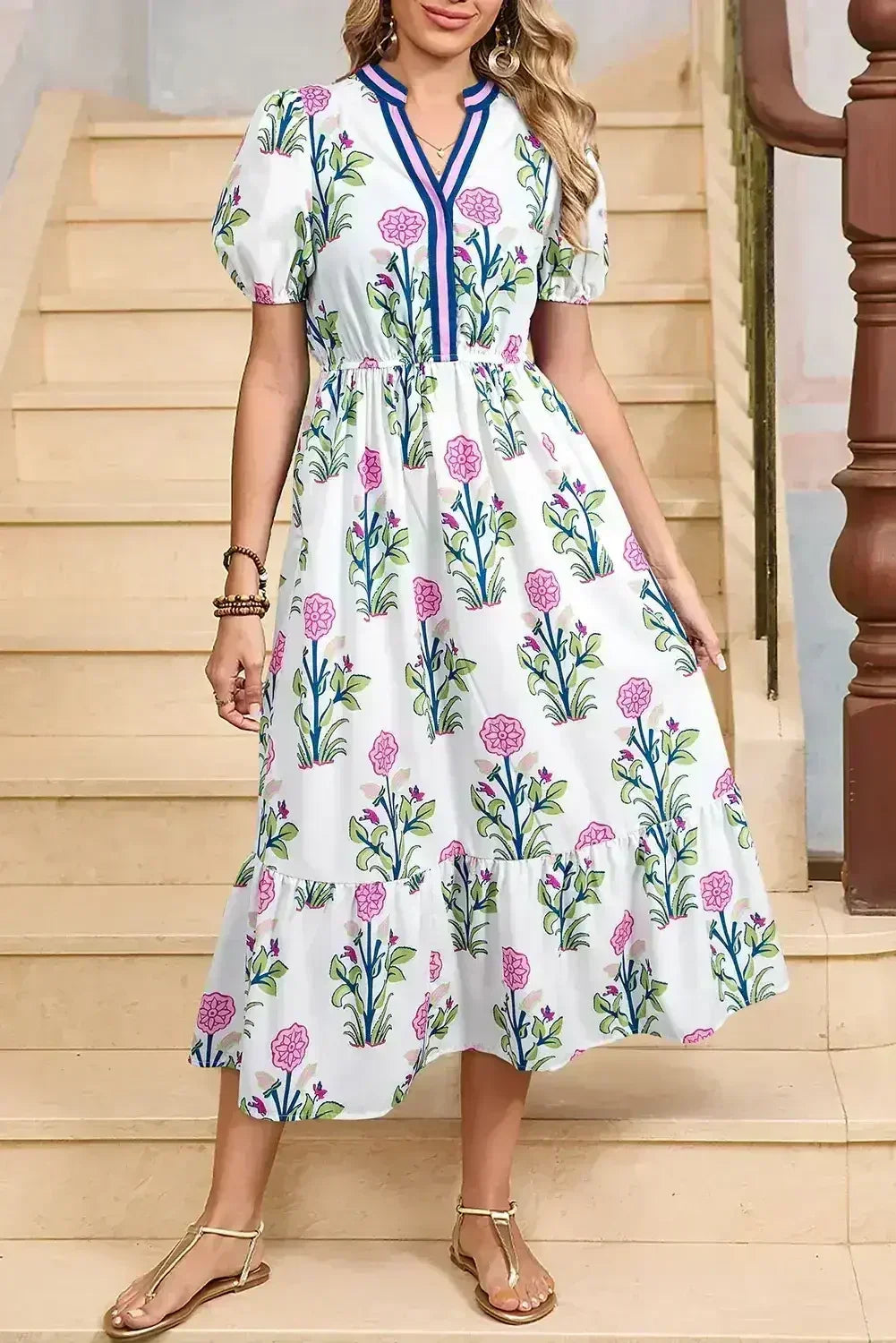 Blue Floral Ruffle Hem Pop of Color Neckline Dress