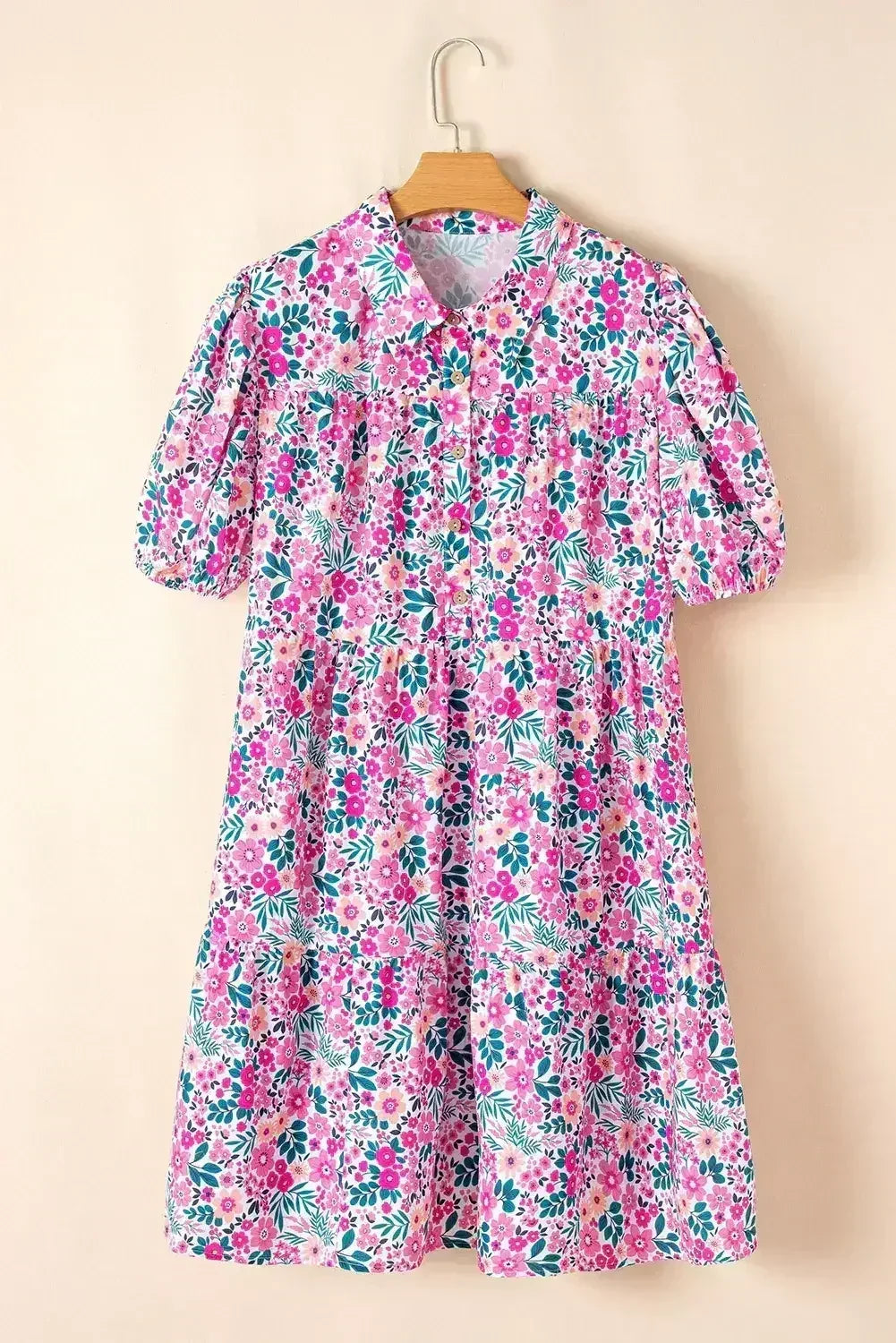 Pink Plus Size Floral Half Button Puff Sleeve A Line Dress