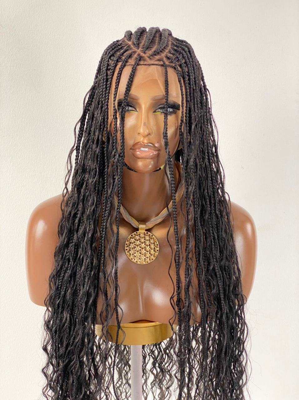 Crush Bohemian Cornrow Braided Wig, Swiss Full Lace, Black Color, Waist Length, Standard Density.
