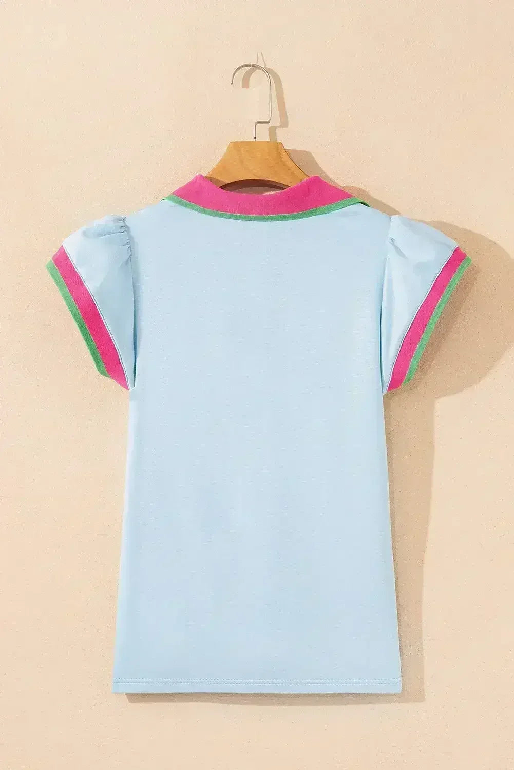 Beau Blue Color Collared V Neck Ruffle Sleeve Blouse | Femstylo