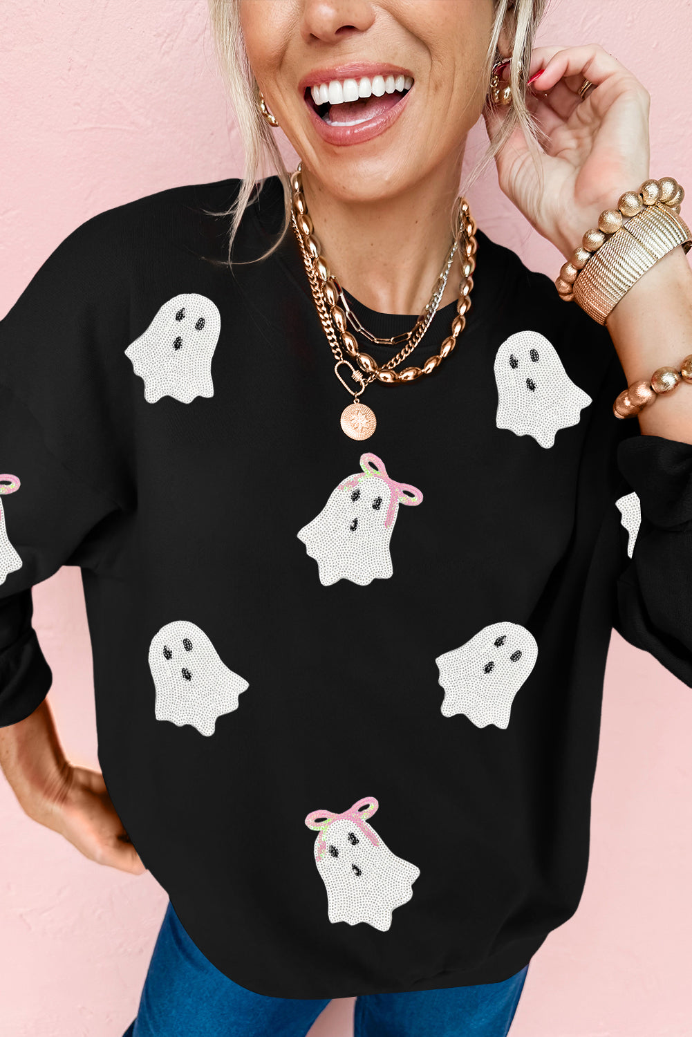 Black Sequin Bow Ghost Graphic Crew Neck Sweatshirt