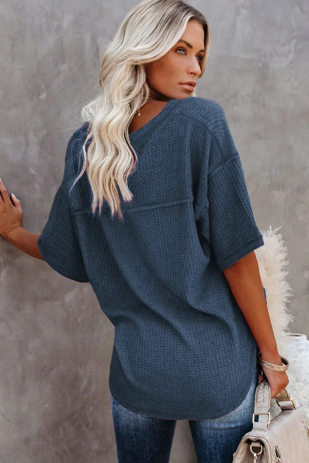 Blue Exposed Seam Drop Sleeve V Neck Waffle Textured Top
