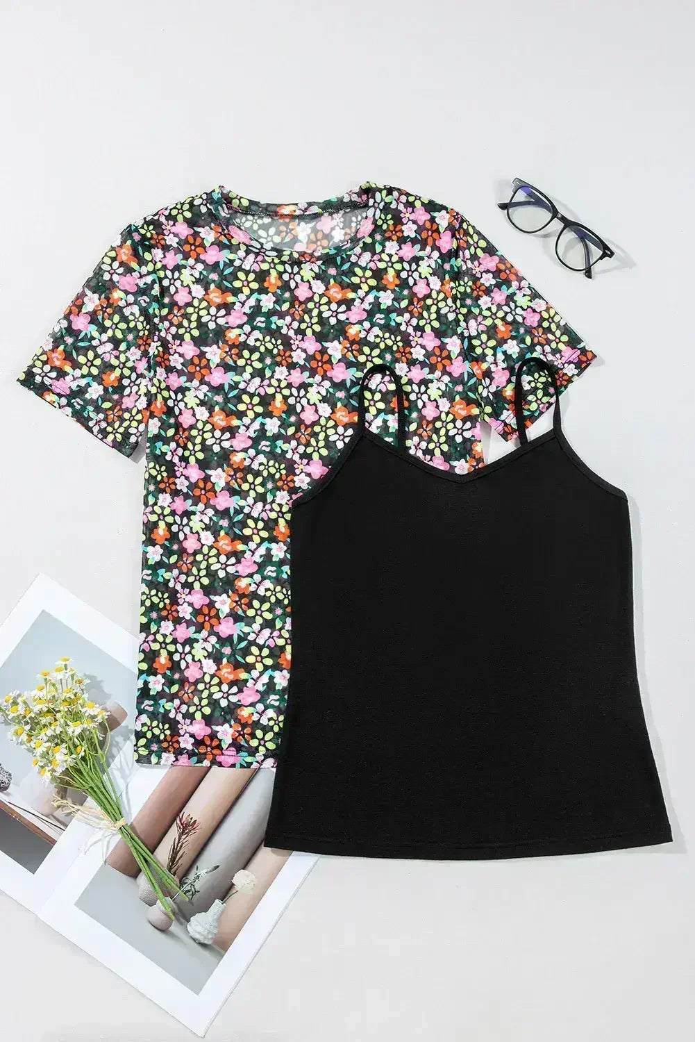 Black Sheer Mesh Floral Round Neck T Shirt with Camisole
