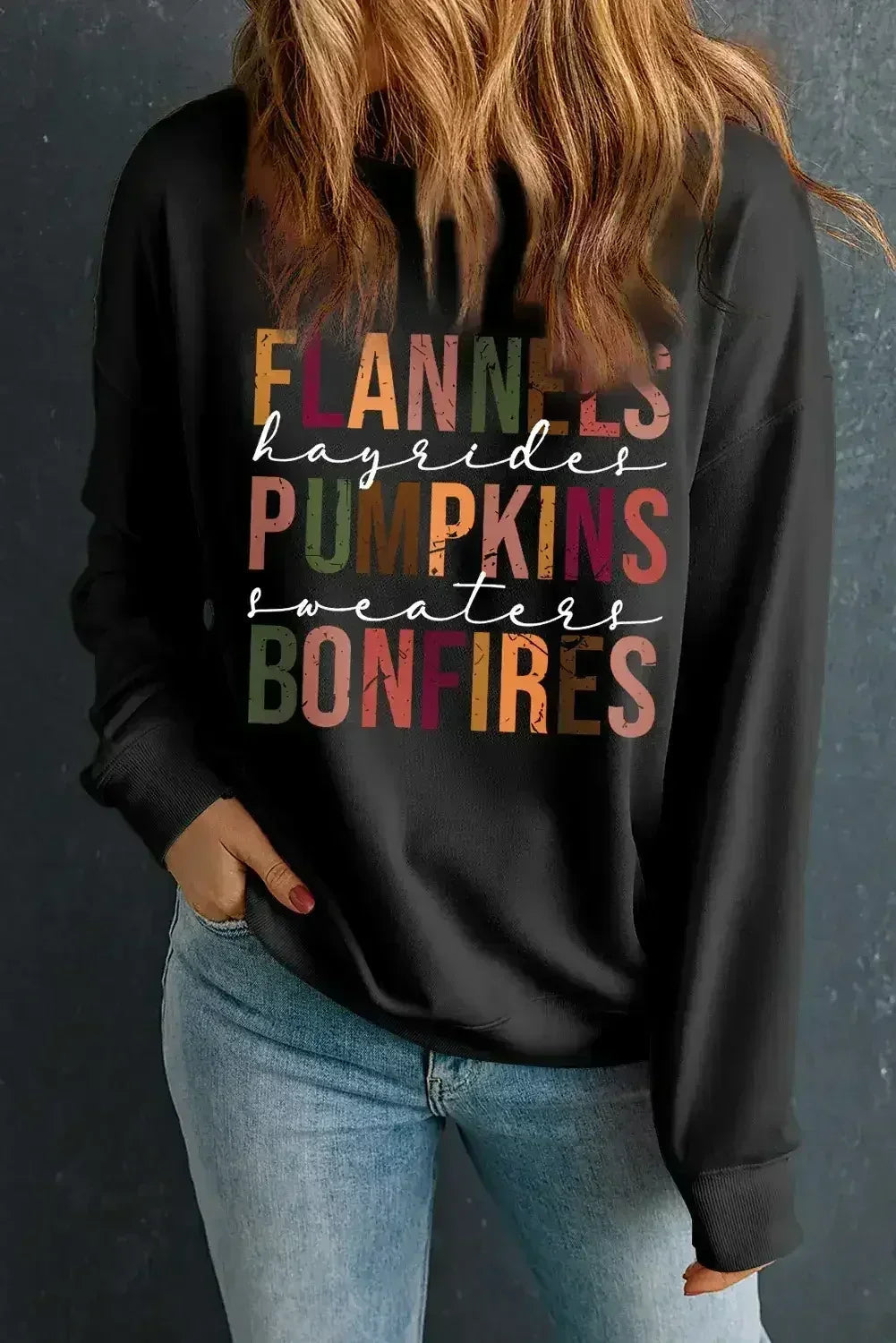 Black FLANNELS PUMPKINS BONFIRES Graphic Sweatshirt