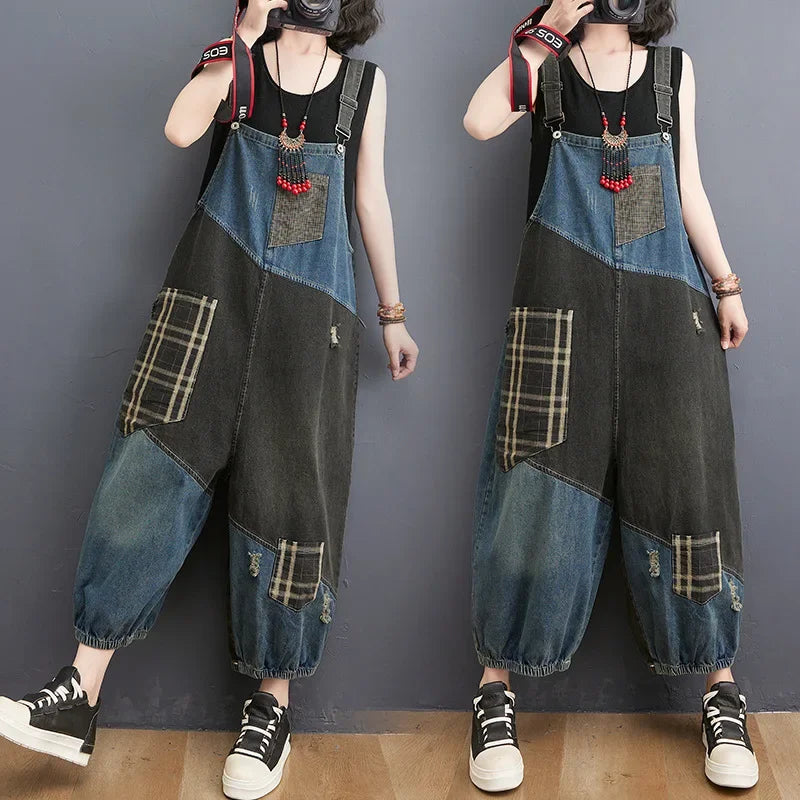 Oversized Denim Straps Pants Women's Fashion Plaid Patchwork Jumpsuits Casual Loose Ladies Wide Leg Reducing Age Jeans Rompers