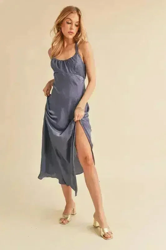 Aemi + Co Ruched Side Slit Cutout Back Maxi Cami Dress