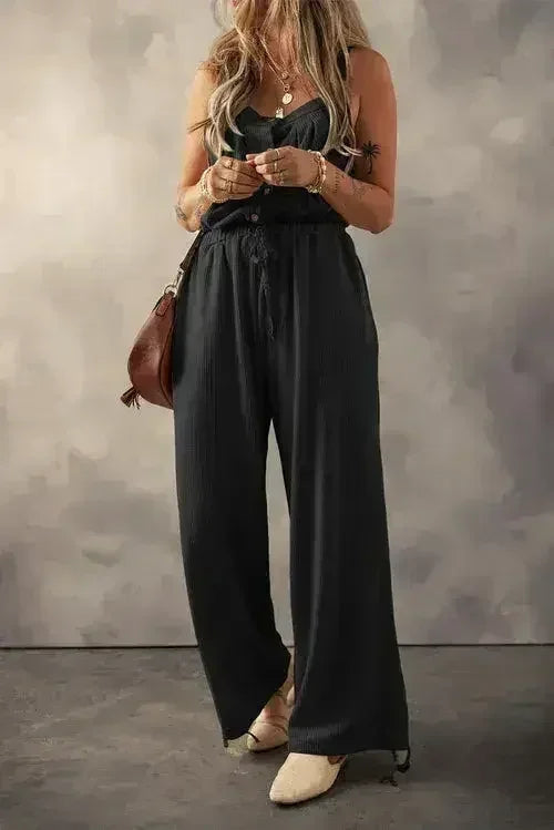 Moss Green Knotted Straps Button Textured Drawstring Jumpsuit