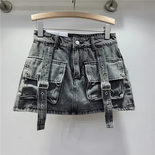 Retro Pink Large Pocket Denim Suit Spring Summer Sleeveless Short Vest High Waist Hip Wrapped Skirt 2 Pieces Sets Women Outfits