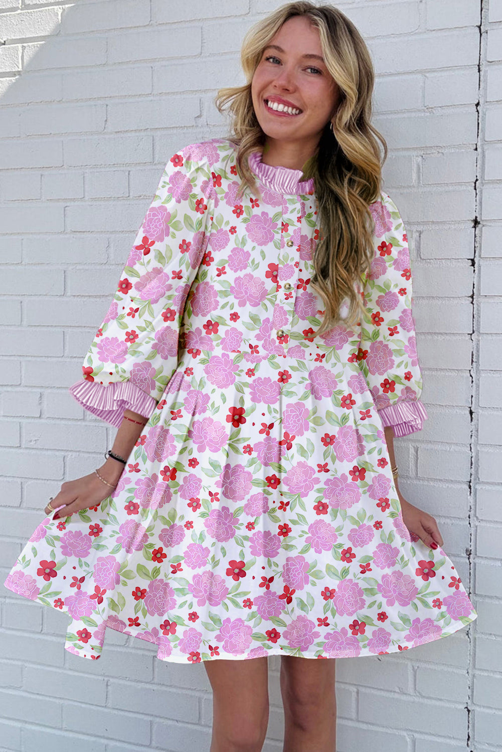 Pink Floral Print Striped Trim Flowy Mini Dress For Summer