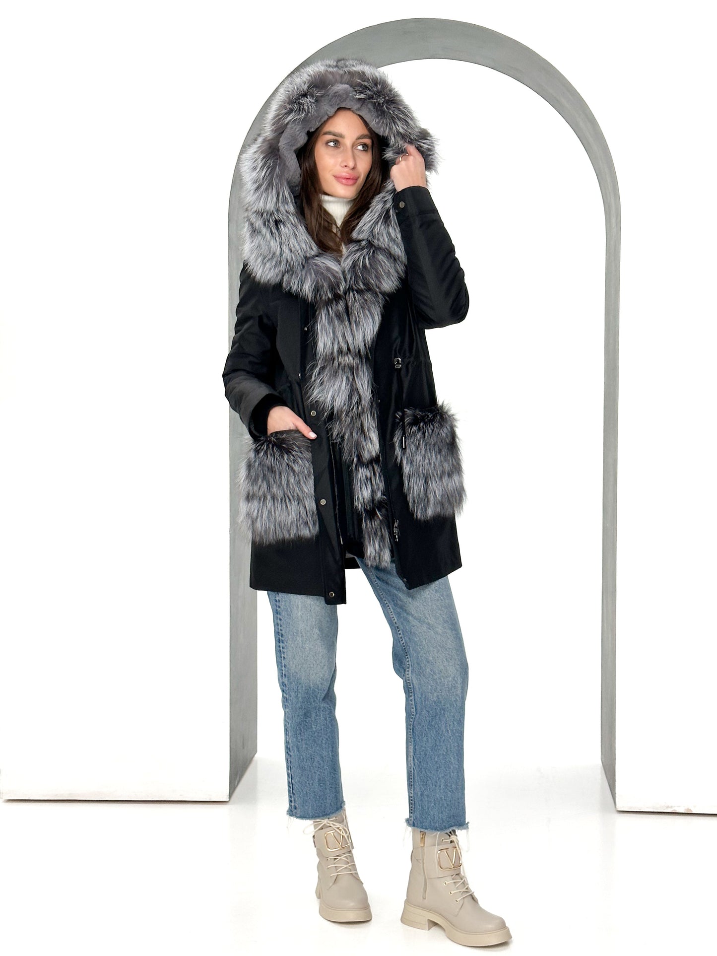 Genuine Silver Fox Fur Rabbit Fur Insulated Parka