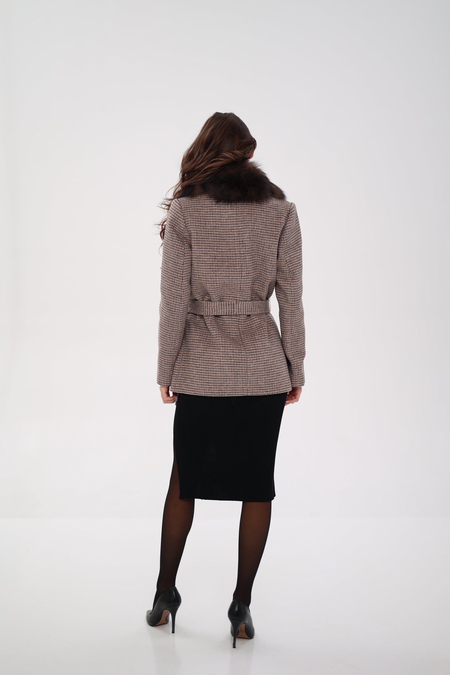 Manteau en véritable fourrure de renard polaire et laine vierge beige foncé