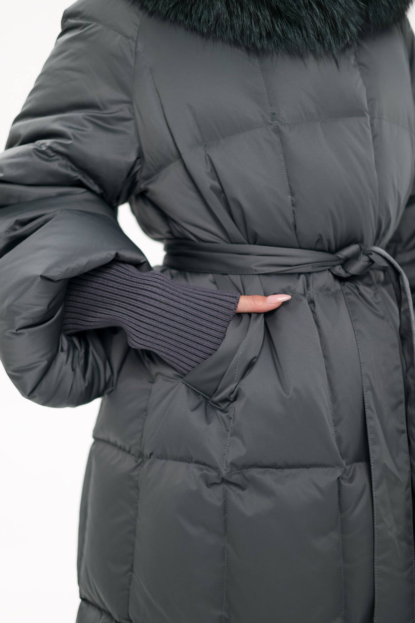 Genuine Silver Fox Fur Trim Down Coat in Forest Slate