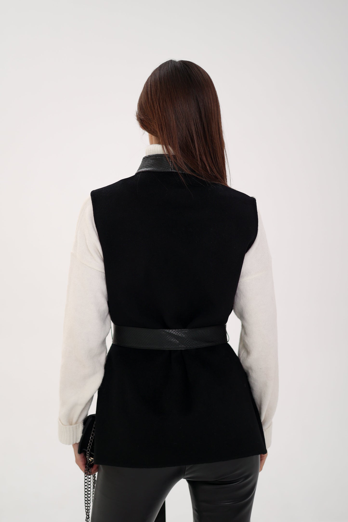 Genuine Mink Fur Leather Trim Wool Vest