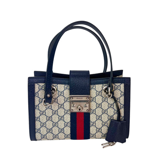 Petit sac fourre-tout Gucci GG Supreme en cuir de veau Dollar Web avec cadenas bleu marine