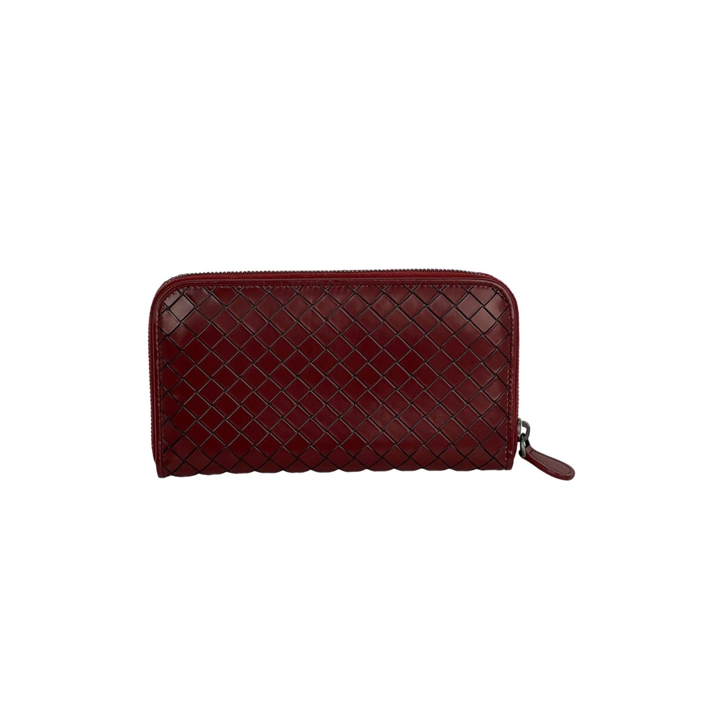 Pochette portefeuille zippée en cuir bordeaux Intrecciato de Bottega Veneta