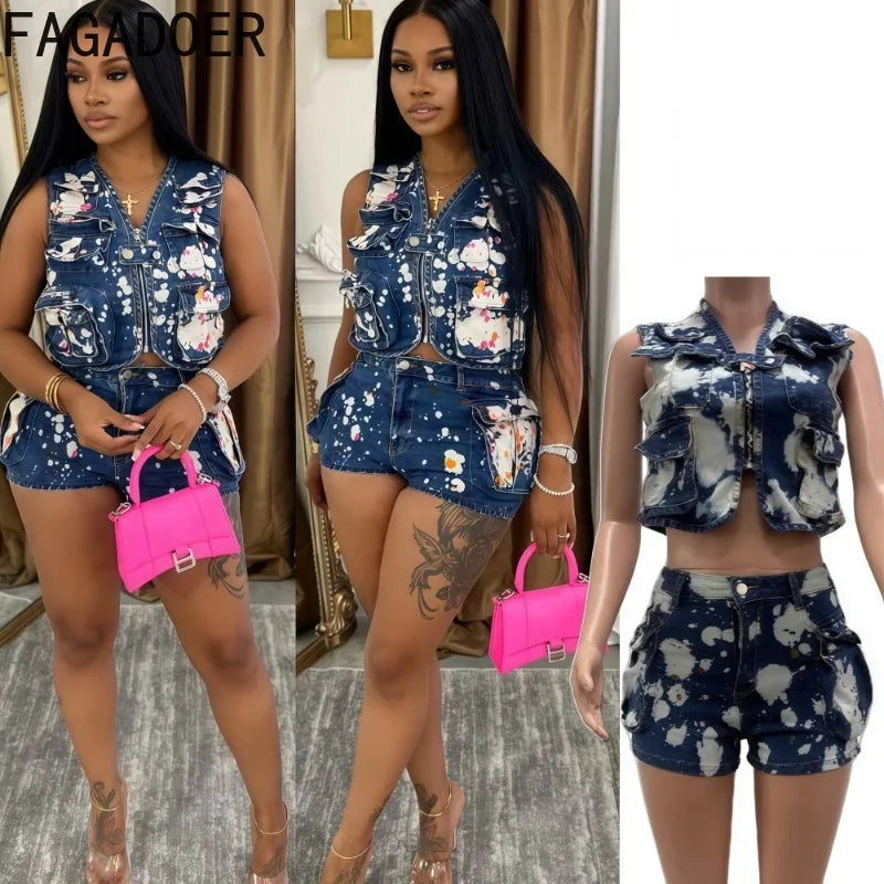 FAGADOER Fashion Printed Denim 2 Pieces Set for Woman Sleeveless Zip Cargo Pocket Jacket Patchwork Crop and Shorts Jeans Outfits