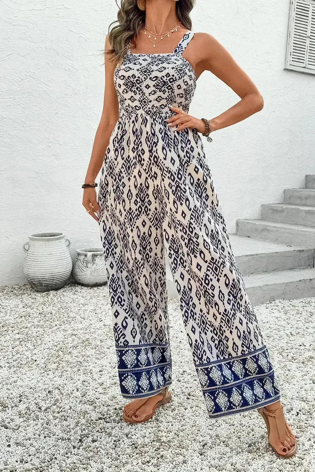 Blue Boho Geometric Print Smocked High Waist Wide Leg Jumpsuit