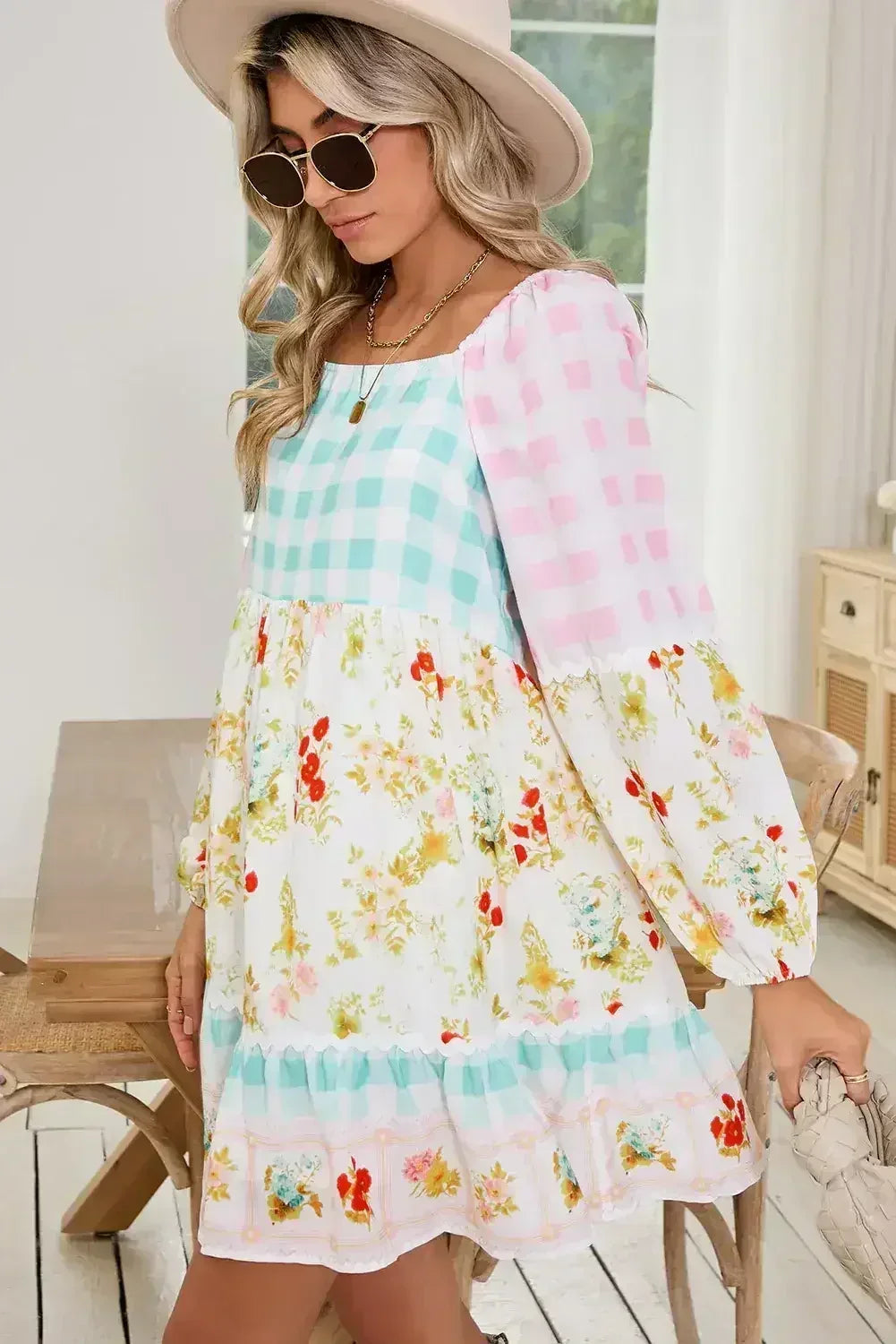 Pink Boho Floral and Plaid Patchwork Ricrac Lantern Sleeve Dress