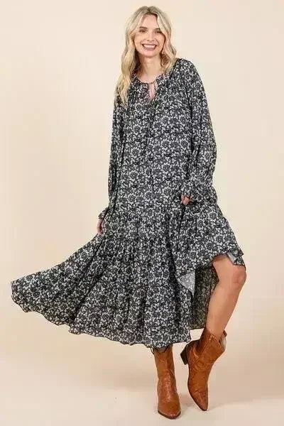 Mittoshop Printed Tie Neck Flounce Sleeve Midi Dress